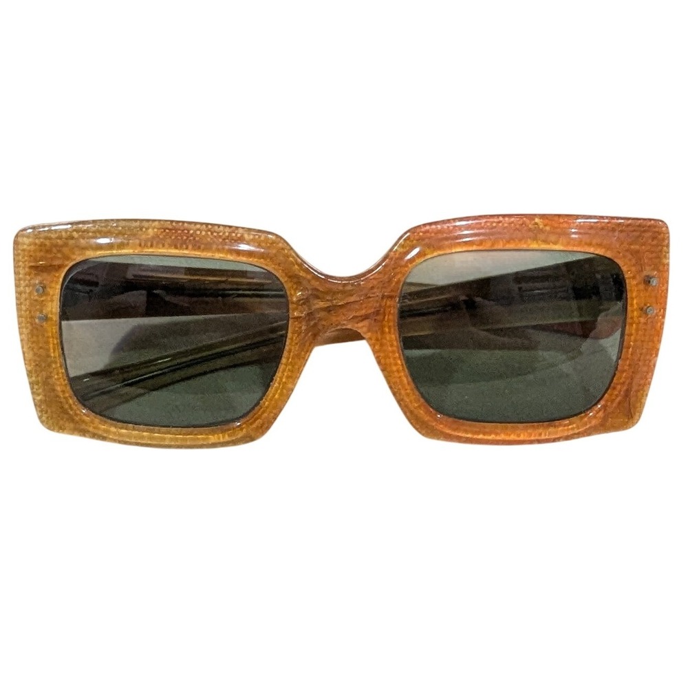 Vintage Square Sunglasses Orange Textured Frame Green Lens Mod Retro Style